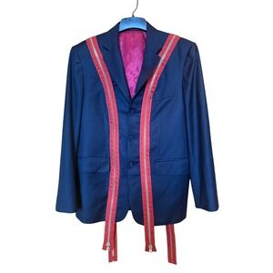 Scott Knight John Cooper Savile Row Cashmere Blazer Red Zipper Trim Navy Blue